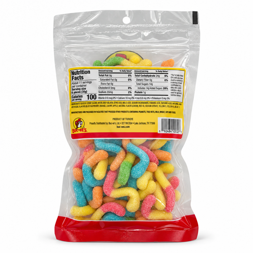 Back of the Buc-ee's Sour Neon Gummi Worms bag showing nutrition facts