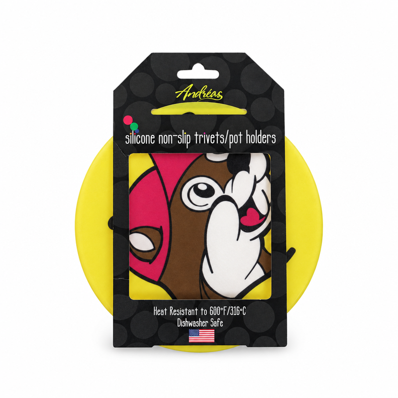Buc-ee's Andréas yellow silicone non-slip trivet and pot holder with cartoon character design, heat resistant to 600°F, in package