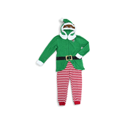 Buc-ee's elf Christmas onesie with green jacket top, striped pants and Buc-ee hood