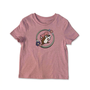 Buc-ee’s toddler T-shirt in heather pink with the beaver logo in a gray ring trimmed with pastel flowers
