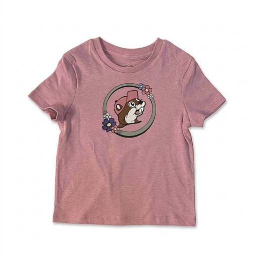 Buc-ee’s toddler T-shirt in heather pink with the beaver logo in a gray ring trimmed with pastel flowers