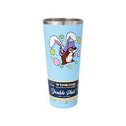 Buc-ee's Yukon Outfitters Double Pint tumbler in light blue stainless steel with an Easter beaver in bunny ears, eggs, and daisies