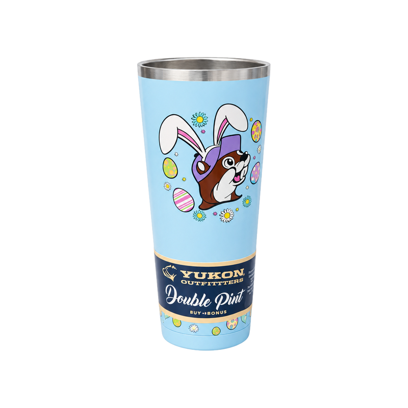 Buc-ee's Yukon Outfitters Double Pint tumbler in light blue stainless steel with an Easter beaver in bunny ears, eggs, and daisies