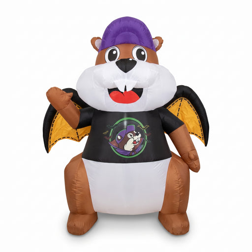 Inflatable Halloween Buc-ee's beaver mascot with purple hat, black vampire graphic shirt, and yellow bat wings waving cheerfully.