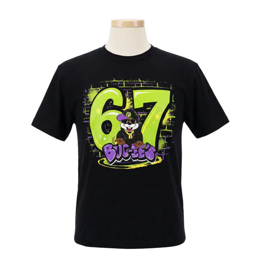 Black t-shirt with a colorful graphic design featuring the number 67 and a character on a mannequin.