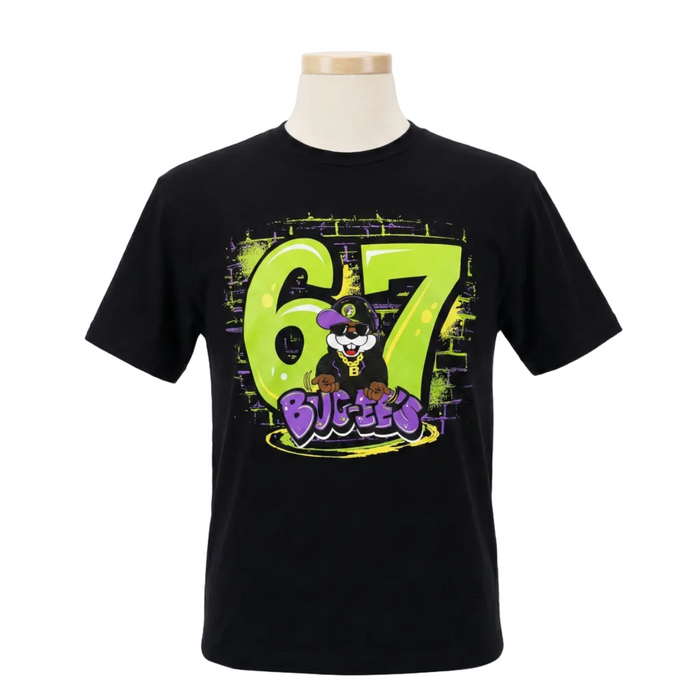 Black t-shirt with a colorful graphic design featuring the number 67 and a character on a mannequin.