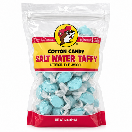A 12 oz bag of Cotton Candy Salt Water Taffy, featuring light blue wrapped candies visible through a clear plastic bag with a yellow and red label.