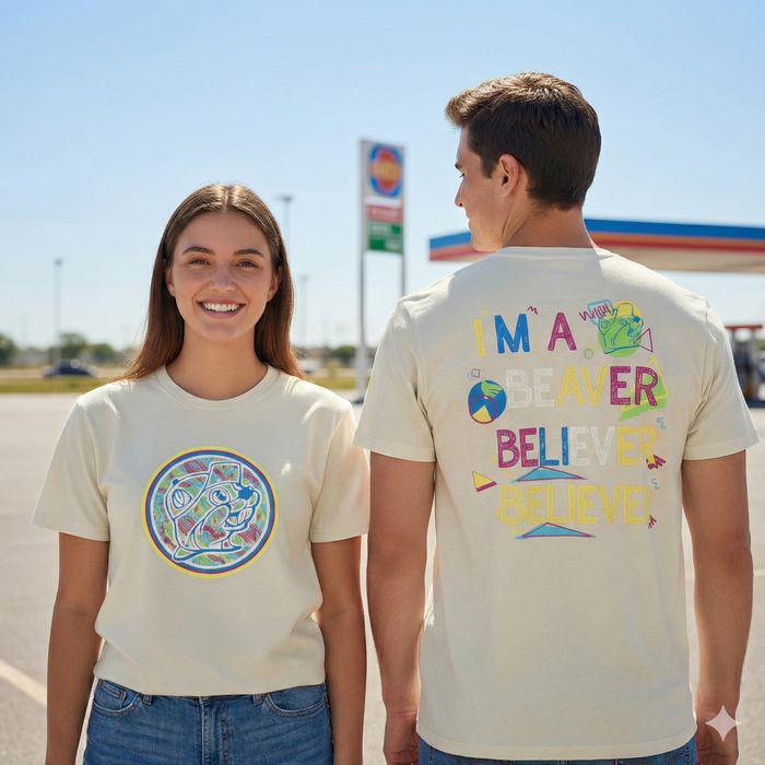 Two people wearing t-shirts with colorful graphics and text, standing in a parking lot.