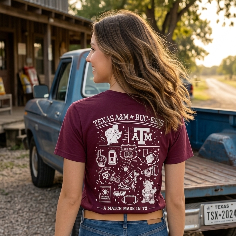 A woman stands outdoors in front of a rustic store and blue pickup truck, wearing a maroon short-sleeve graphic T-shirt with white Texas A&M and BUC-ES text and illustrations on the back, paired with blue jeans.