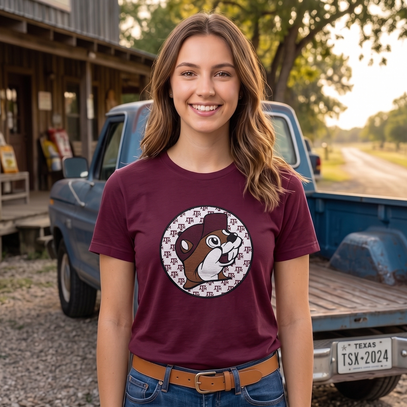 A smiling young woman stands outdoors in front of a rustic store and blue pickup truck, wearing a maroon short-sleeve graphic T-shirt with a circular dog illustration on the chest, blue jeans, and a brown belt.