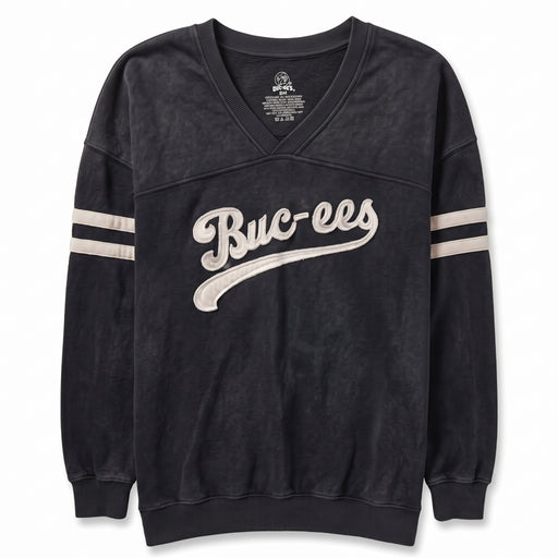 A black washed V-neck sweatshirt with 'Buc-ees' written in white script across the chest and white stripes on both sleeves, shown flat against a white background.