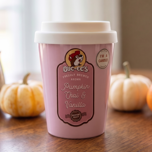 A pink reusable coffee cup with a white lid stands on a wooden table, surrounded by small pumpkins in a softly lit indoor setting. The cup label reads Buc-ees' and Pumpkin Chax & Vanilla.