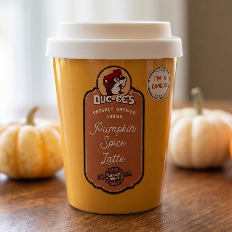A yellow reusable coffee cup with a white lid sits on a wooden table, surrounded by small pumpkins and a ceramic pot in a softly lit indoor setting. The cup label reads Buc-ee's Pumpkin Spice Latte.