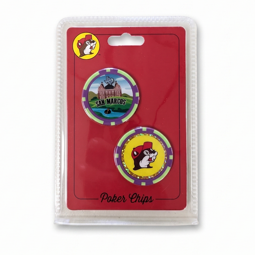 A packaged set of two circular poker chips featuring cartoon dog illustrations and the text 'SAN MARCOS' and 'Poker Chips', mounted on a red backing card in a clear plastic sleeve.
