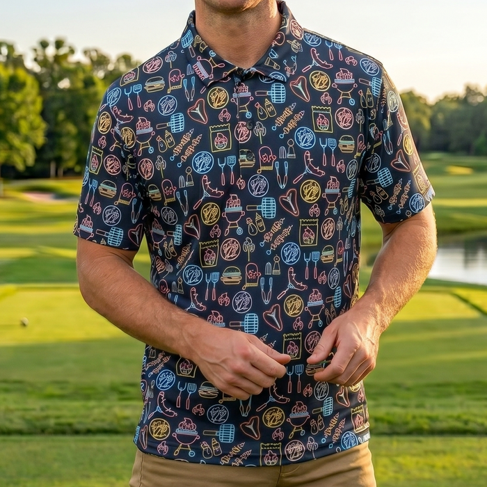 Man wearing a patterned shirt and beige shorts standing on a golf course.