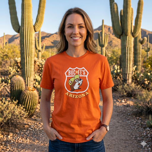 Woman wearing an orange Buc-ee's shirt in a desert setting with cacti.