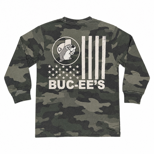 Back of the camo youth long sleeve with American flag and Buc-ee the Beaver
