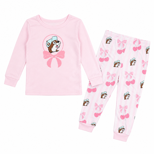 Buc-ee's girls pink 2-piece snug-fit pajama set with a long-sleeve top featuring Buc-ee's in a bow graphic and matching pink striped pants with cherry and beaver patterns.