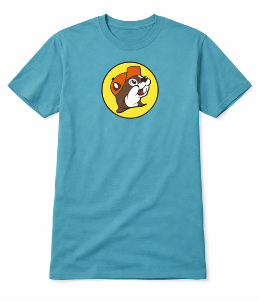 Turquoise Buc-ee's T-shirt laid flat, front view with yellow Buc-ee the Beaver circle logo