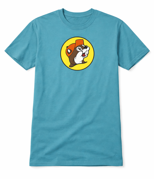 Front view of the 'Life is Better at Buc-ee's' Turquoise Shirt featuring the classic Buc-ee's beaver logo centered on the chest, displayed on a clean white background.