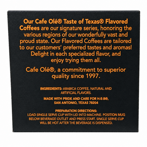 Side panel of the Cafe Olé Taste of DFW pods box