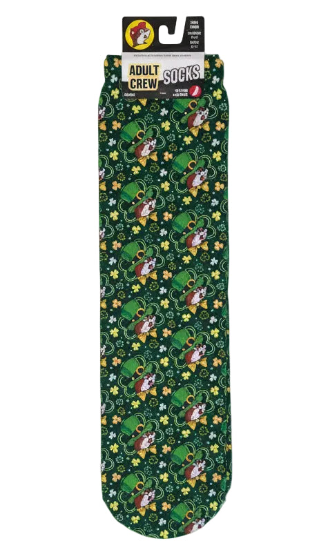 Dark Green Crew Socks with four leaf clovers and Bucee all over it.