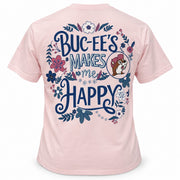 Back of pink Buc-ee's Makes Me Happy shirt with floral lettering and Buc-ee the Beaver
