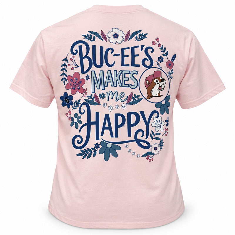 Back of pink Buc-ee's Makes Me Happy shirt with floral lettering and Buc-ee the Beaver