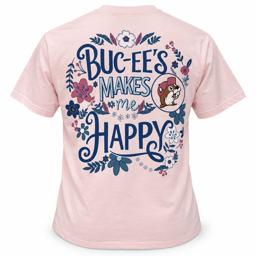 Back of pink Buc-ee's Makes Me Happy shirt with floral lettering and Buc-ee the Beaver