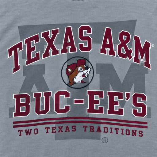 Close-up of the Texas A&M and Buc-ee's Two Texas Traditions graphic on gray