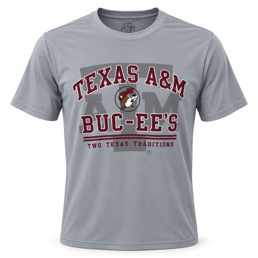 Gray Buc-ee's Texas A&M shirt with maroon Two Texas Traditions graphic, laid flat