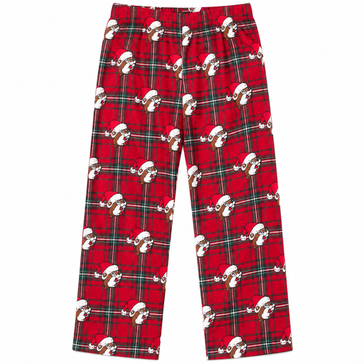 Adult red plaid 2026 Buc-ee's Christmas pajama pants with Santa Buc-ee print, on white