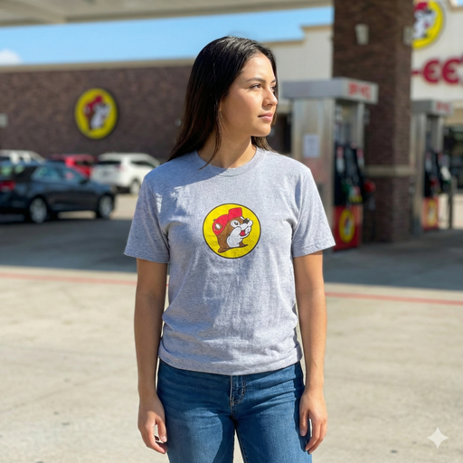 Woman wearing a gray t-shirt with a logo in front of a gas station.