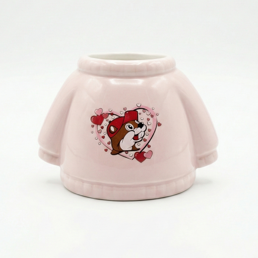 Pink sweatshirt-shaped planter with a cartoon design on a white background