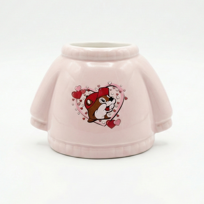 Pink sweatshirt-shaped planter with a cartoon design on a white background