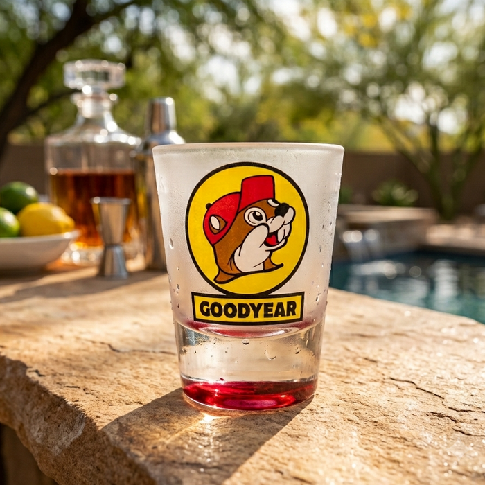 A lifestyle image of a frosted Buc-ee's Goodyear, AZ shot glass sitting on a rustic stone counter next to a backyard swimming pool. The shot glass is the central focus, clearly displaying the iconic yellow circular logo with the Buc-ee's beaver mascot wearing a red cap, placed directly above a black and yellow "GOODYEAR" banner. The base of the shot glass is made of thick, translucent red glass. In the softly blurred background, an outdoor bar area features a crystal liquor decanter filled with liquid.