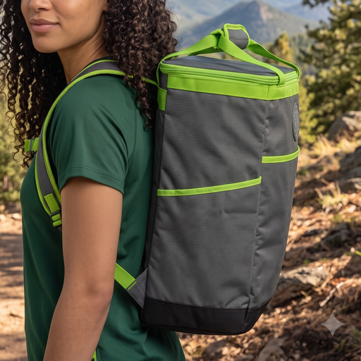 Woman with a gray and green backpack in a forested area with mountains in the background