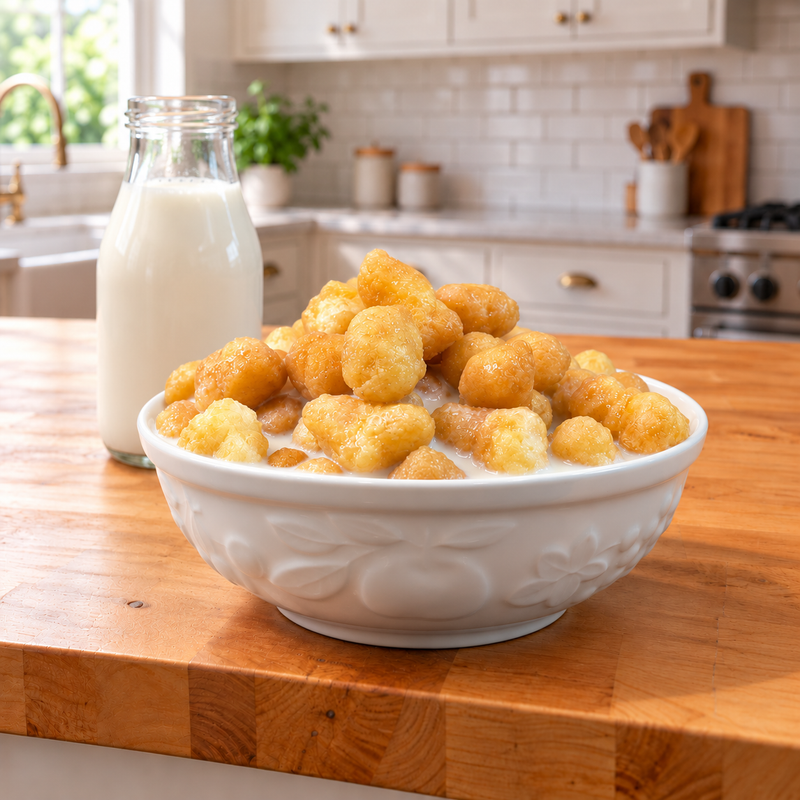 Buc-ee’s Beaver Nuggets puffs with a light golden glaze served in a white bowl and milk on a wooden kitchen counter