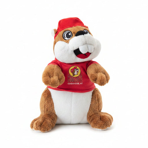 Plush toy resembling a gopher in a red shirt with a logo on a white background