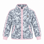 Gray snow camo Buc-ee's youth fleece jacket with pink trim, front view
