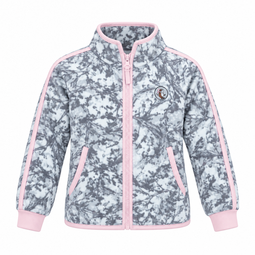 Gray snow camo Buc-ee's youth fleece jacket with pink trim, front view