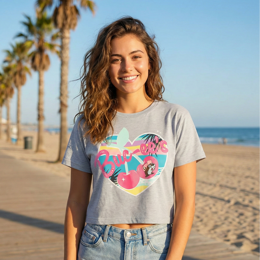 Woman wearing a graphic t-shirt and denim shorts on a beach boardwalk.
