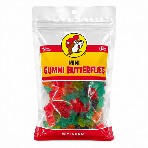 Buc-ee's Mini Gummi Butterflies assorted fruit gummy candy, 12 oz resealable bag on a white background.
