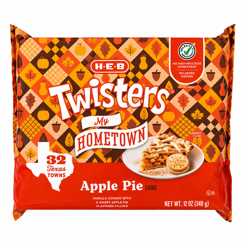 12 oz package of H-E-B Twisters My Hometown Apple Pie flavored sandwich cookies against an orange autumn leaf pattern background.