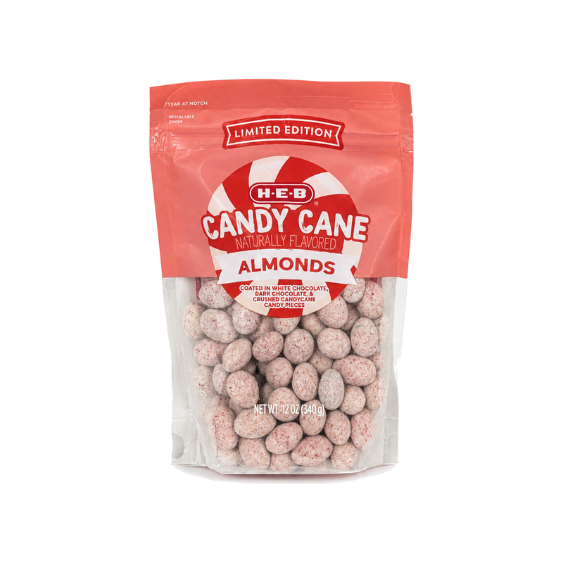 H-E-B Candy Cane Almonds, 12 oz limited edition resealable bag, coated in white and dark chocolate with crushed candy cane