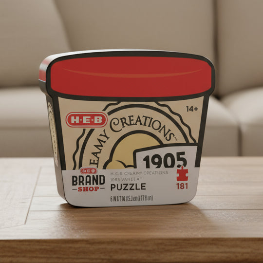 H-E-B Creamy Creations 1905 Vanilla Puzzle packaged in a container designed to look like an ice cream pint.