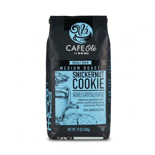 Black 12-ounce bag of H-E-B Café Olé Snickernut Cookie Medium Roast Whole Bean Coffee featuring a light blue label with coffee cup line art.