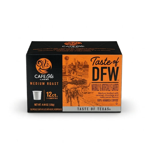 Box of H-E-B Café Olé Taste of DFW Medium Roast 12-count coffee pods with an orange label illustrating the Dallas skyline and a Texas Longhorn.