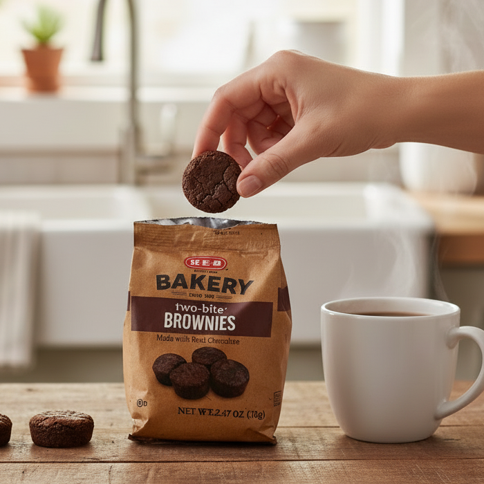 A hand picking a soft-baked two-bite brownie out of a small, open H-E-B Bakery bag sitting on a wooden kitchen table, with two other round brownie bites lined up next to the bag and a mug of hot coffee in the background.