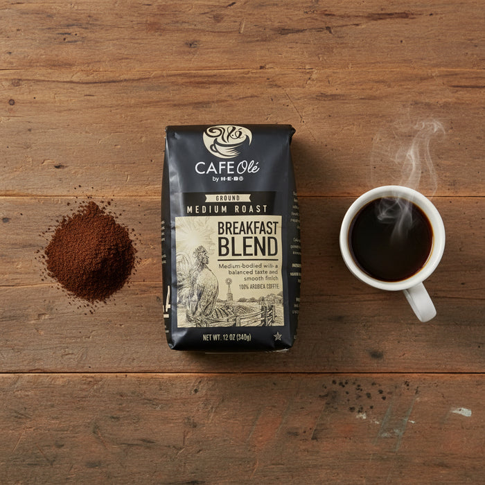 Cafe Ole Breakfast Blend coffee package on a white surface